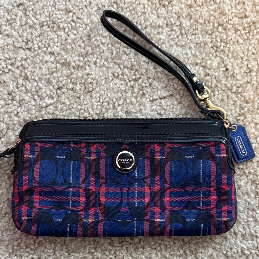 Coach Navy and Pink Plaid Signature Wristlet with Black Trim